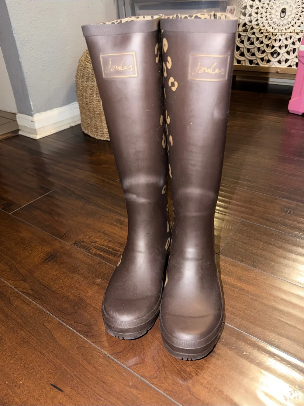 Joules Brown Rain Boots with Leopard Accent